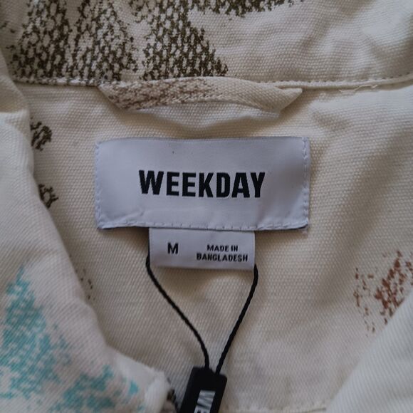 Denim Coat Jacket Women Medium Organic Cotton Zip Front Pockets Cream Floral NWT - Picture 2 of 15